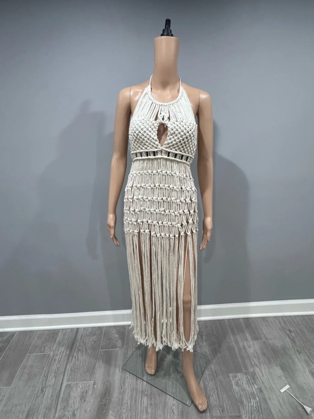 Boho Crochet Macrame Fringe Halter Dress - Cream - Picture 2 of 4